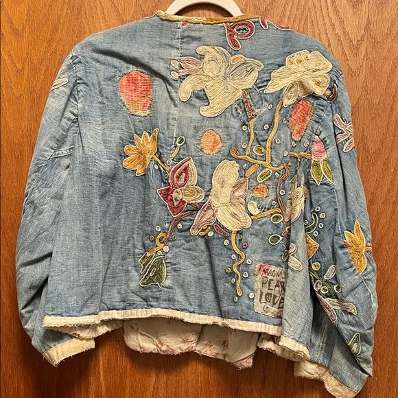 Magnolia Pearl Floral Embroidered Jean Jacket - Blue and Cream - Picture 4 of 6